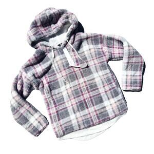 Aqua Women Pastel Grey/Pink Plaid Soft Fleece Lounge Relaxed Hoodie Size S